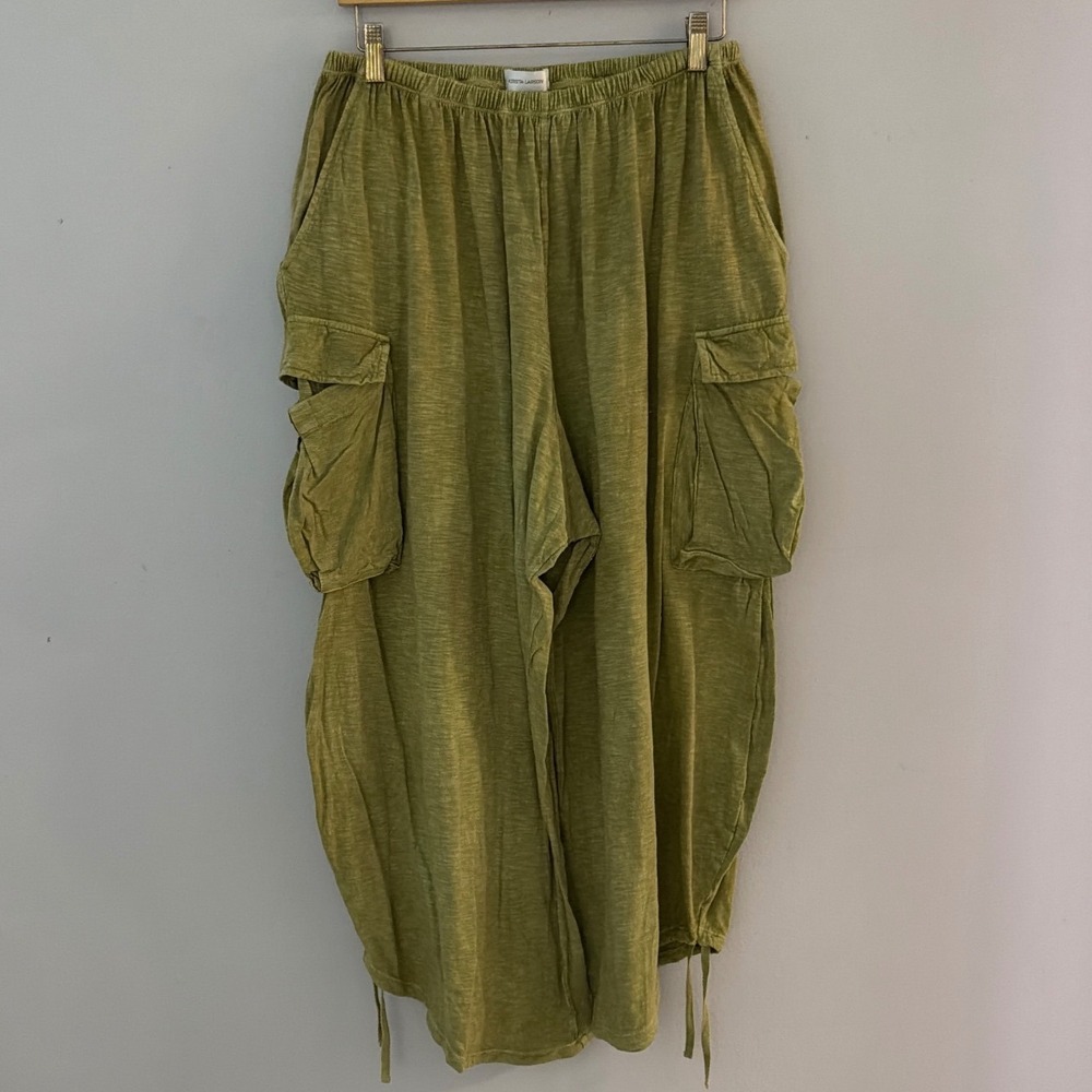 Krista Larson Olive Green Cotton Cargo Pants Wide Leg Lagenlook OSFM